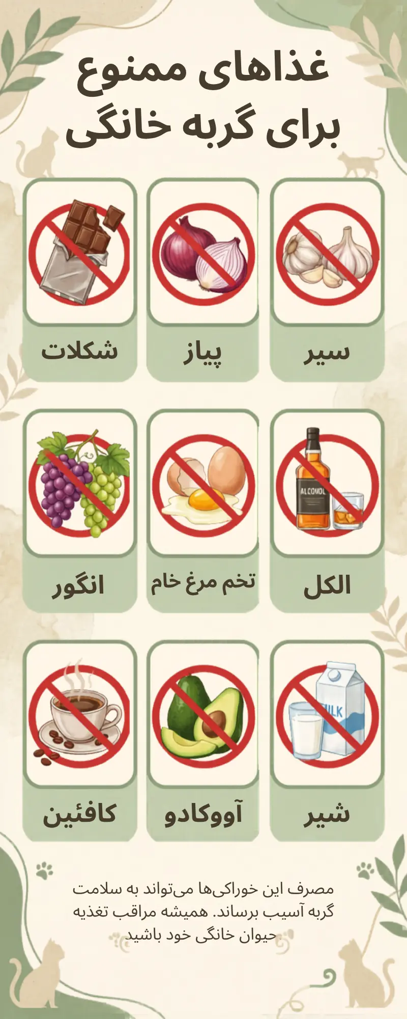 اینفوگرافیک غذاهای خطرناک و ممنوع برای گربه خانگی